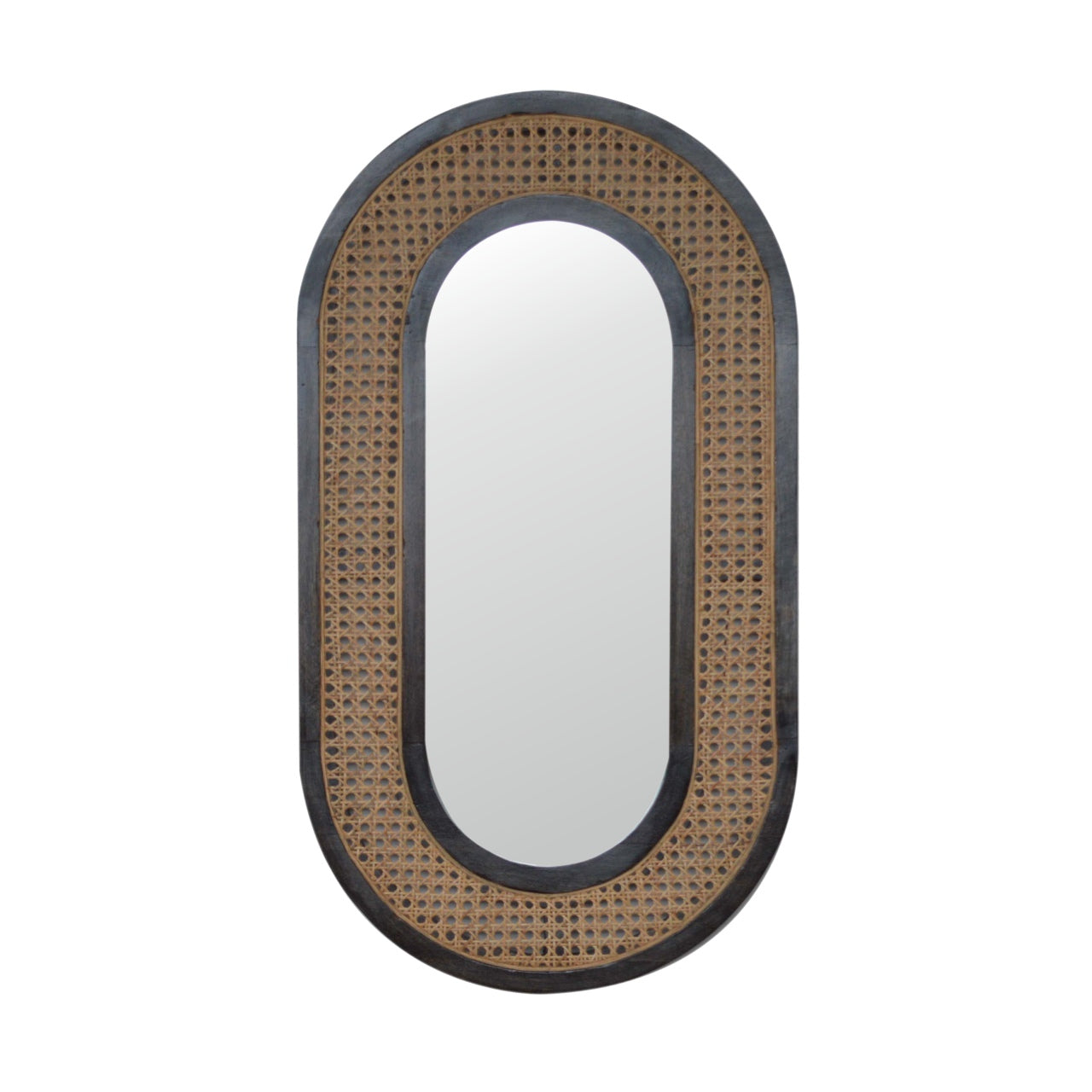 Larissa Carbon Black Mango Wood Mirror with Hand-Woven Rattan
