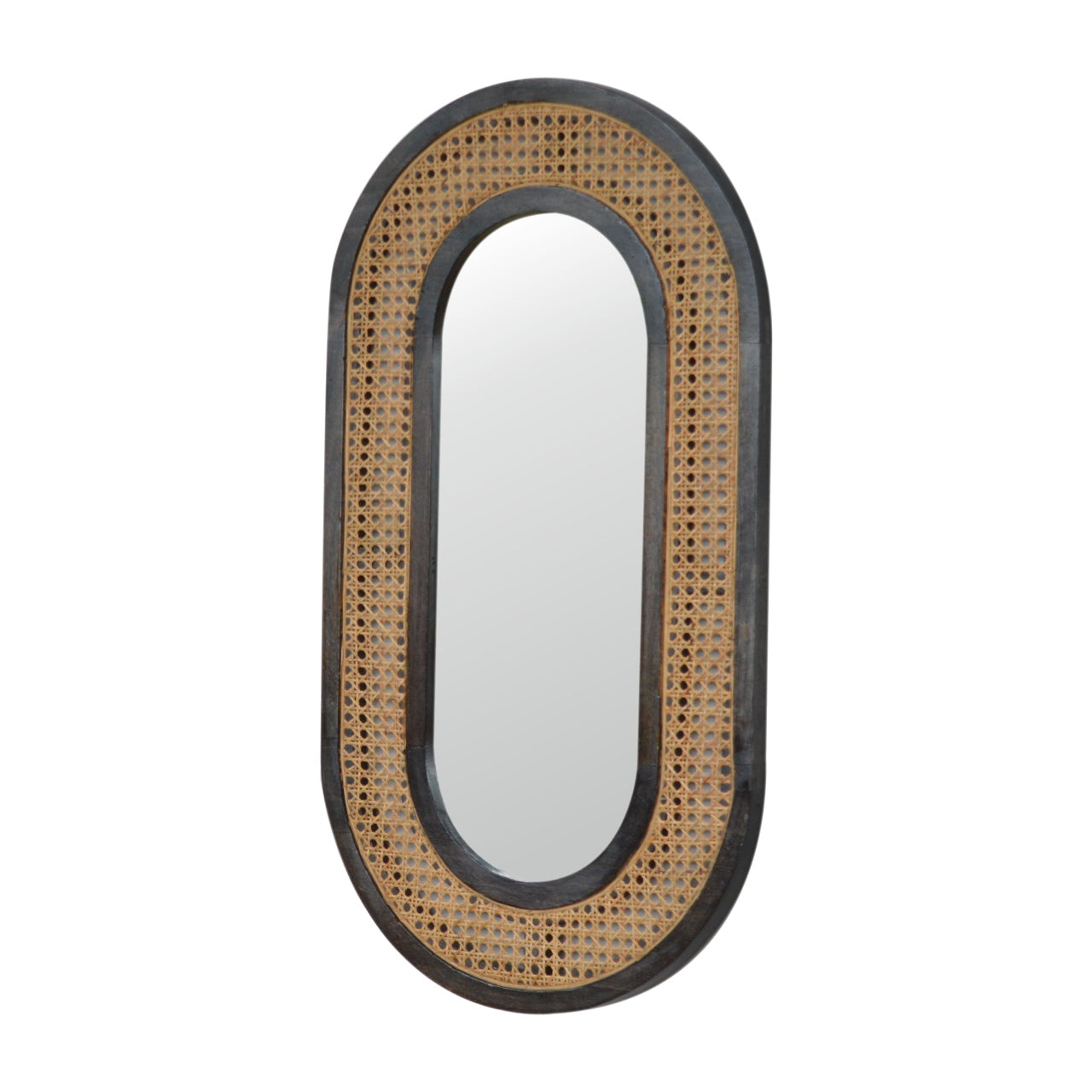 Larissa Carbon Black Mango Wood Mirror with Hand-Woven Rattan