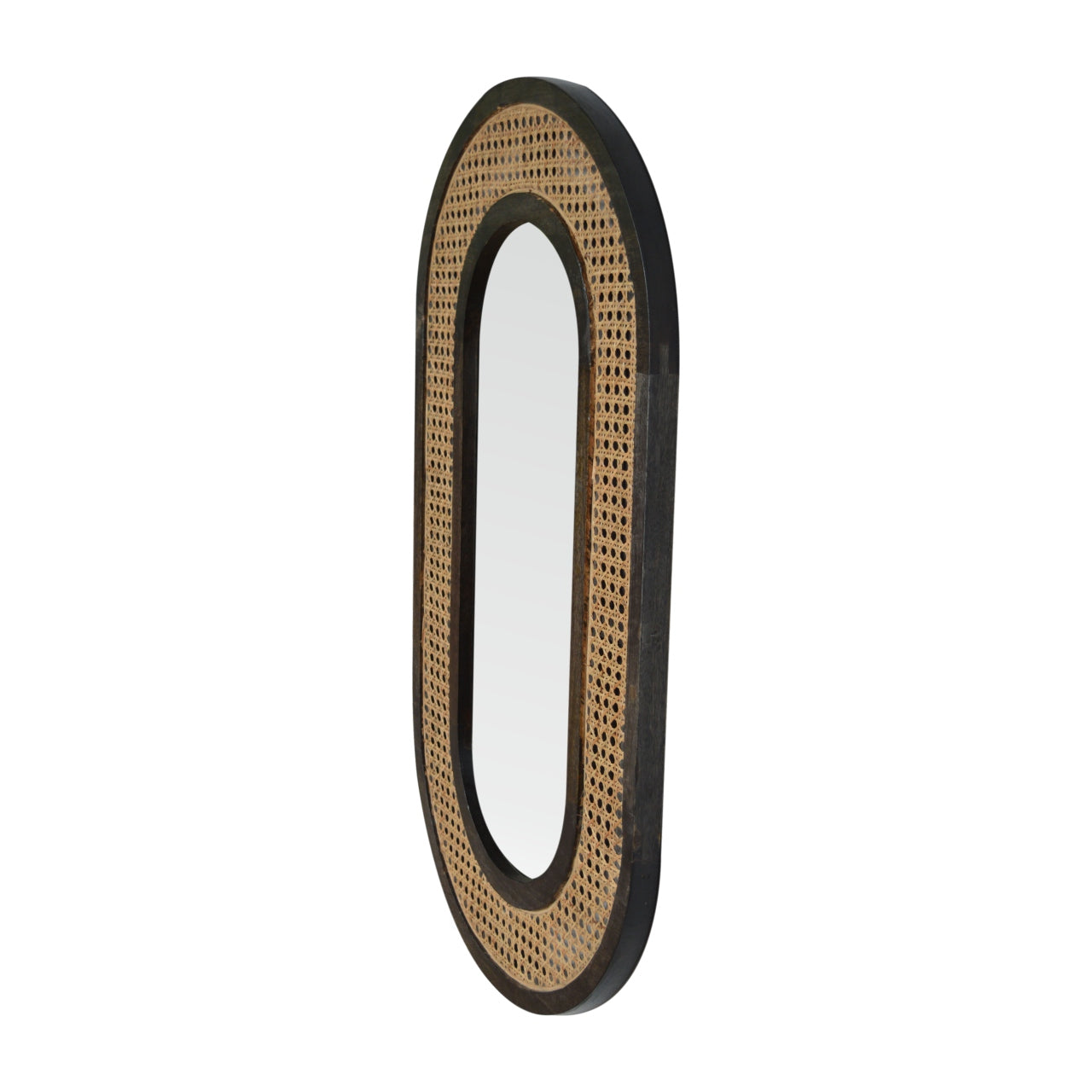Larissa Carbon Black Mango Wood Mirror with Hand-Woven Rattan