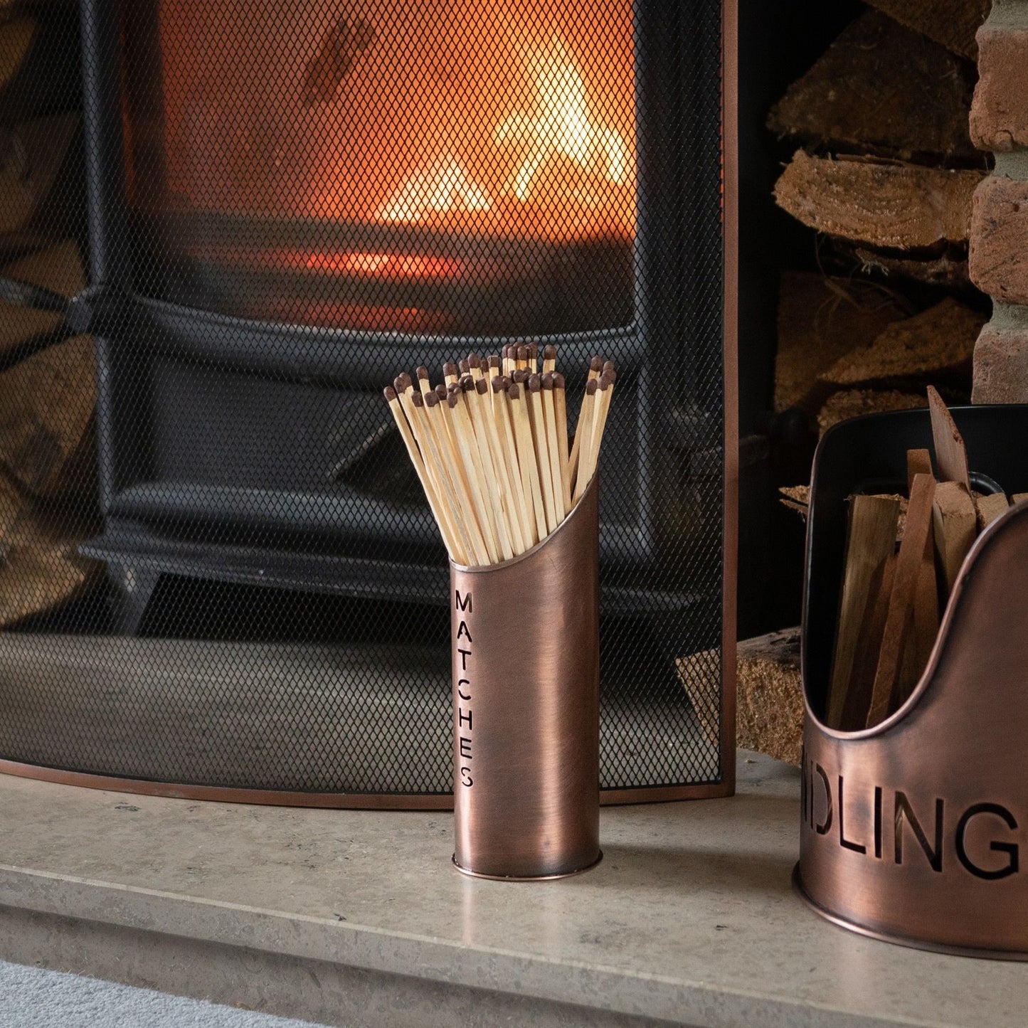 Copper Finish Logs And Kindling Buckets & Matchstick Holder - Luxe Home Comforts
