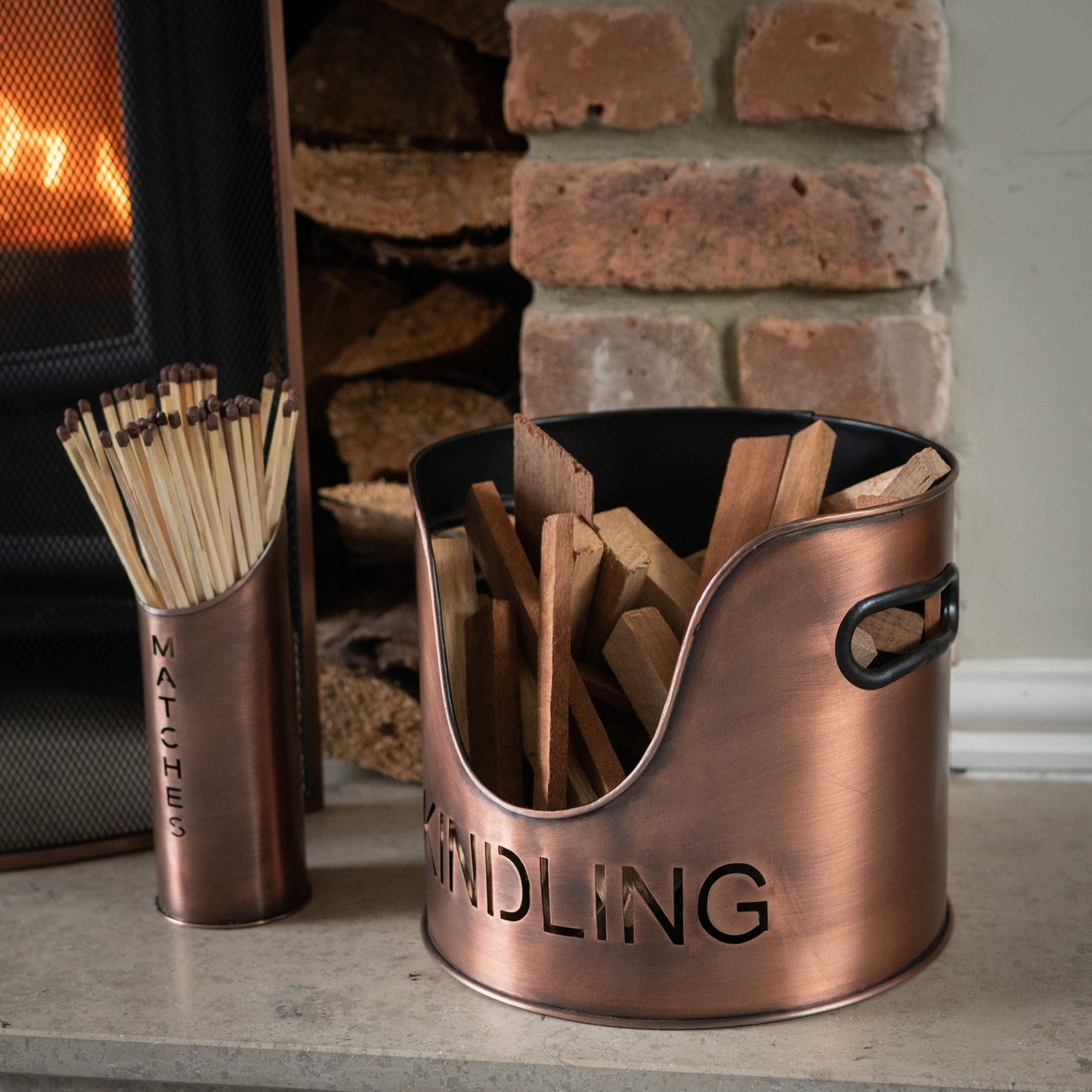 Copper Finish Logs And Kindling Buckets & Matchstick Holder - Luxe Home Comforts