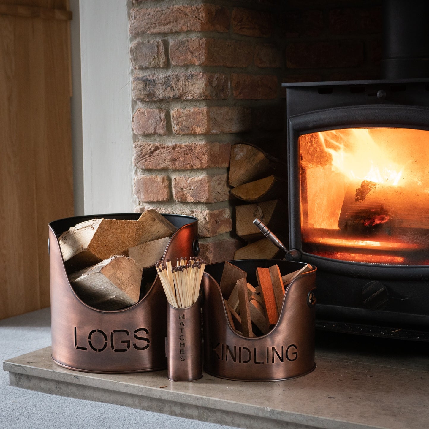 Copper Finish Logs And Kindling Buckets & Matchstick Holder - Luxe Home Comforts