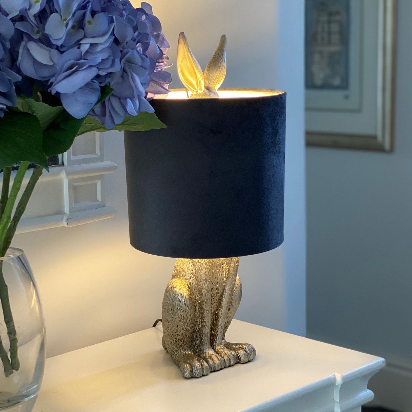 Silver Hare Table Lamp With Grey Velvet Shade - Luxe Home Comforts
