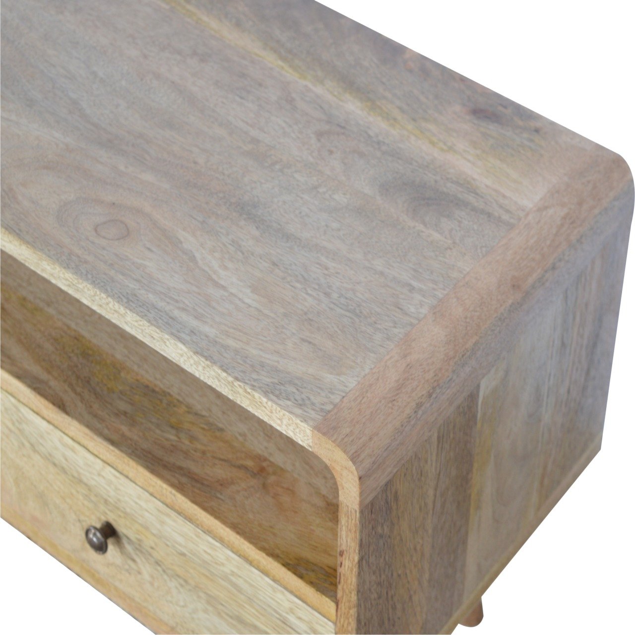 Curved Oak-ish Media Unit - Luxe Home Comforts
