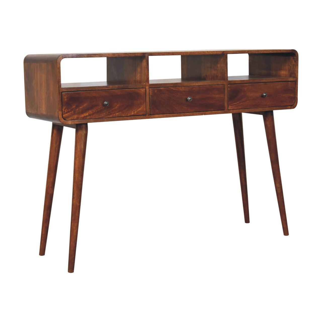 Triple Curved Chestnut Console Table - Luxe Home Comforts