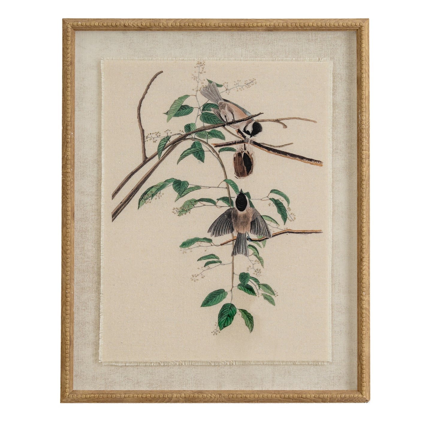 Flora & Fauna Collection Chickadees On Linen In Beaded Frame - Luxe Home Comforts