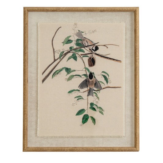 Flora & Fauna Collection Chickadees On Linen In Beaded Frame - Luxe Home Comforts