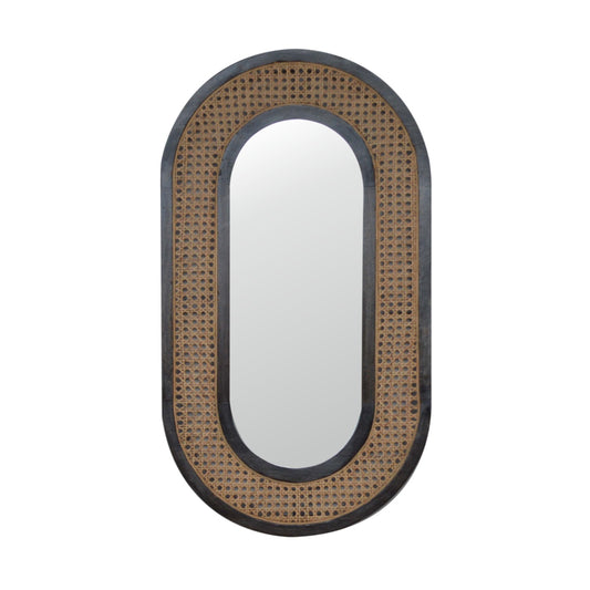 Larissa Carbon Black Mango Wood Mirror with Hand-Woven Rattan