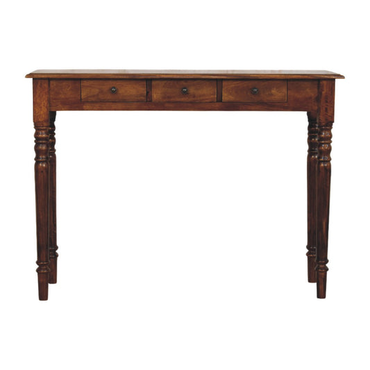 Turned Legs 3 Drawer Chestnut Console Table