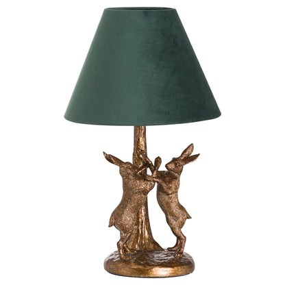 Antique Gold Marching Hares Lamp With Green Velvet Shade - Luxe Home Comforts
