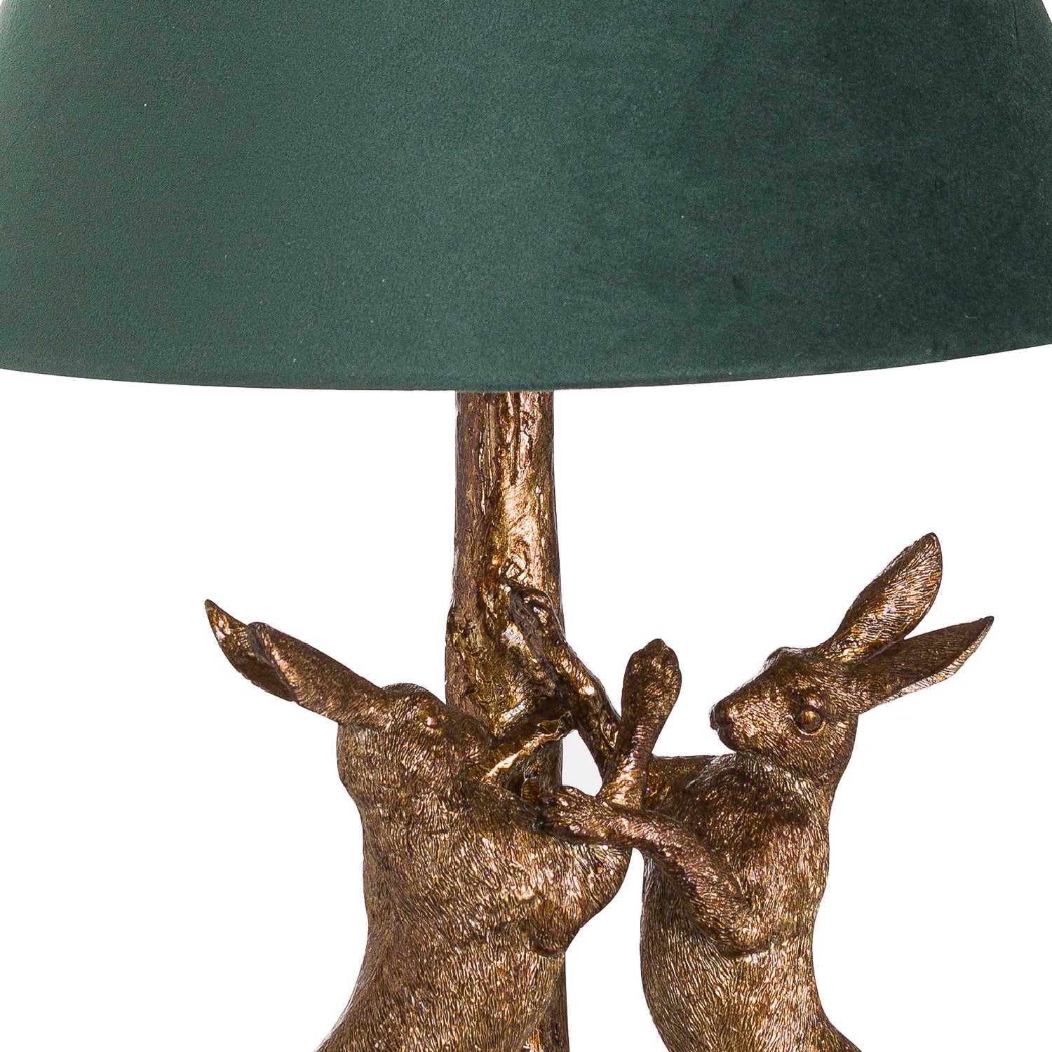 Antique Gold Marching Hares Lamp With Green Velvet Shade - Luxe Home Comforts