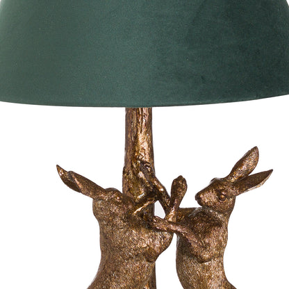 Antique Gold Marching Hares Lamp With Green Velvet Shade - Luxe Home Comforts