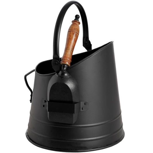 Black Coal Bucket with Teak Handle Shovel - Luxe Home Comforts