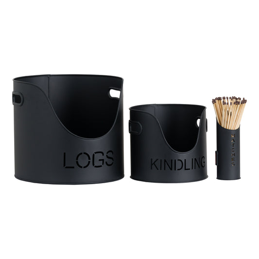 Black Finish Logs And Kindling Buckets & Matchstick Holder - Luxe Home Comforts