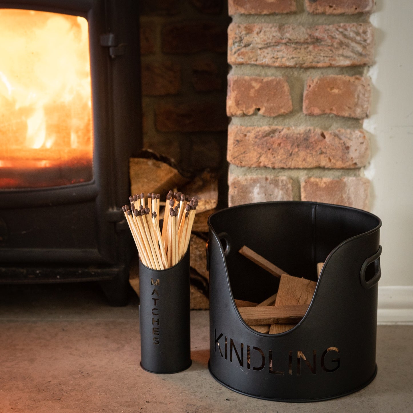 Black Finish Logs And Kindling Buckets & Matchstick Holder - Luxe Home Comforts