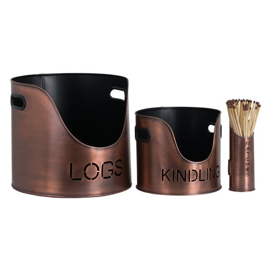 Copper Finish Logs And Kindling Buckets & Matchstick Holder - Luxe Home Comforts
