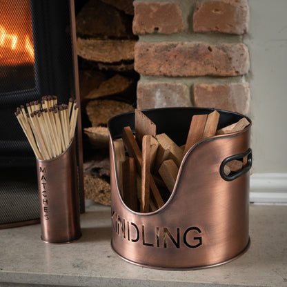 Copper Finish Logs And Kindling Buckets & Matchstick Holder - Luxe Home Comforts