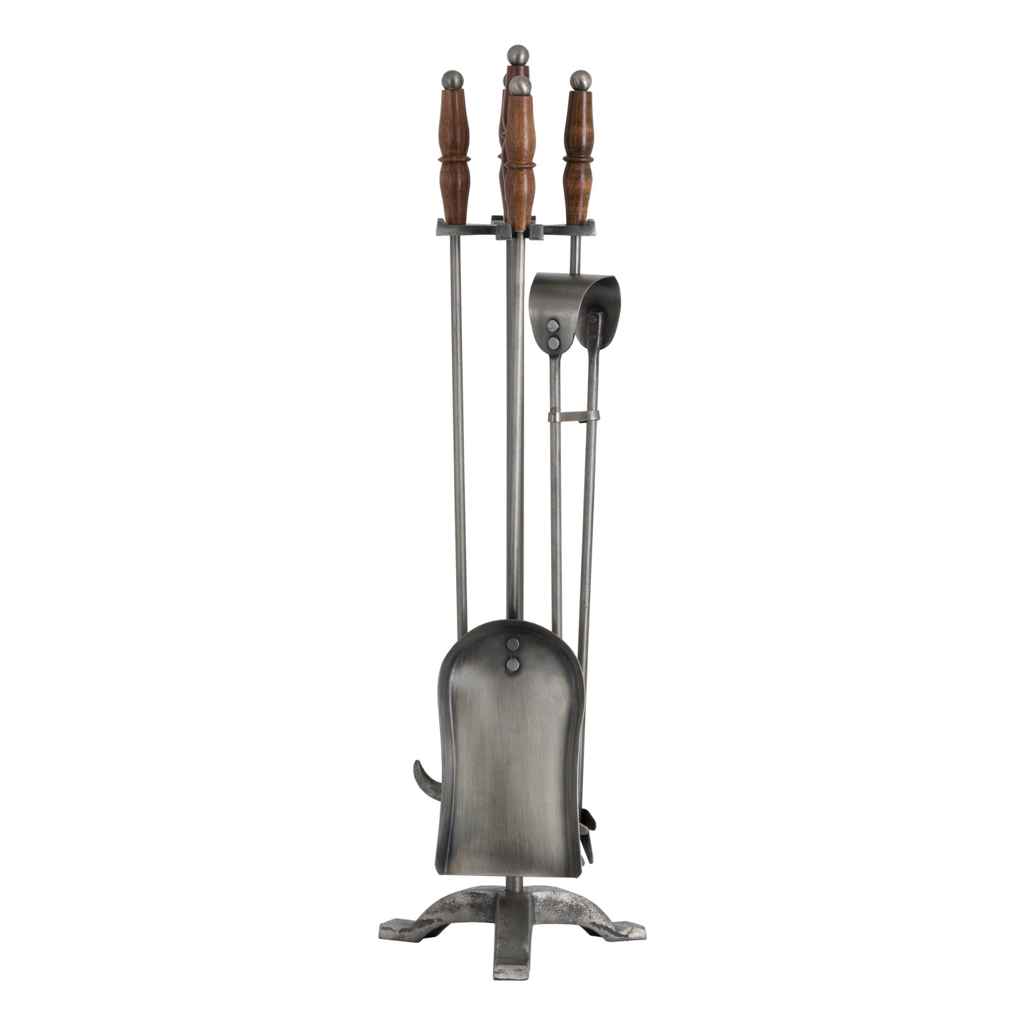 Hand Turned Fire Companion Set In Antique Pewter With Wooden Handles - Luxe Home Comforts
