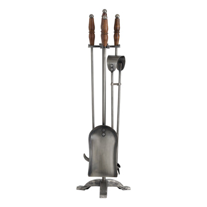 Hand Turned Fire Companion Set In Antique Pewter With Wooden Handles - Luxe Home Comforts
