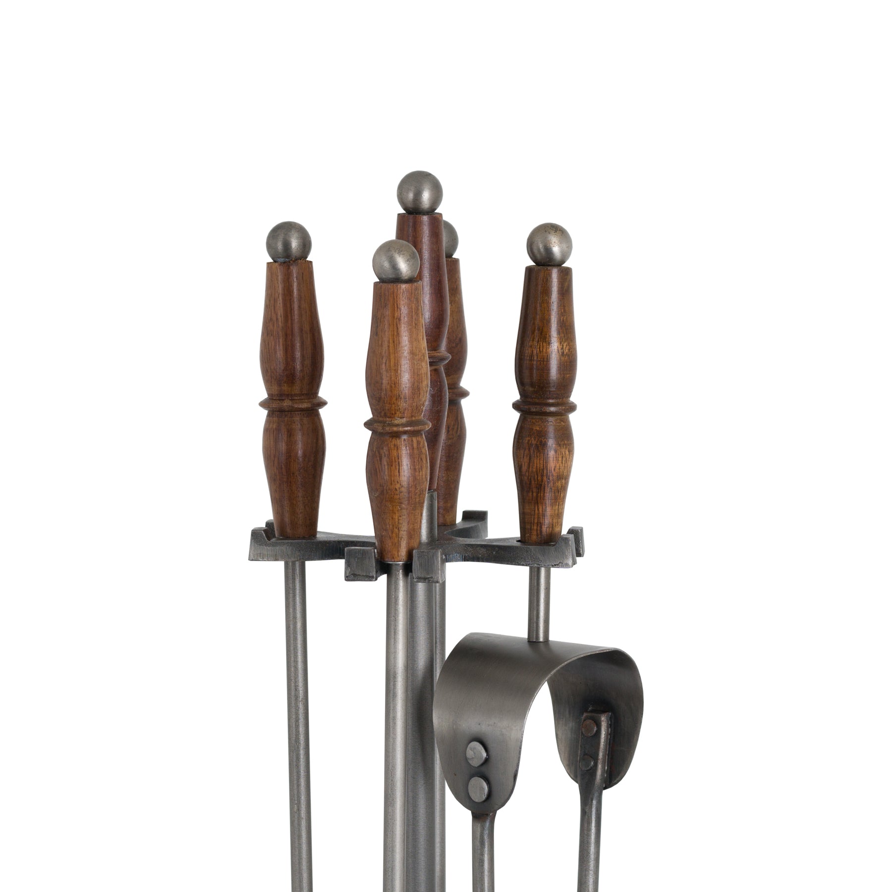 Hand Turned Fire Companion Set In Antique Pewter With Wooden Handles - Luxe Home Comforts