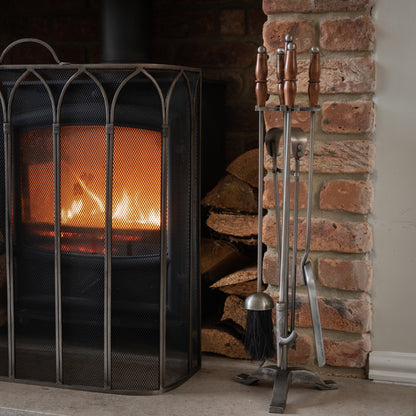 Hand Turned Fire Companion Set In Antique Pewter With Wooden Handles - Luxe Home Comforts