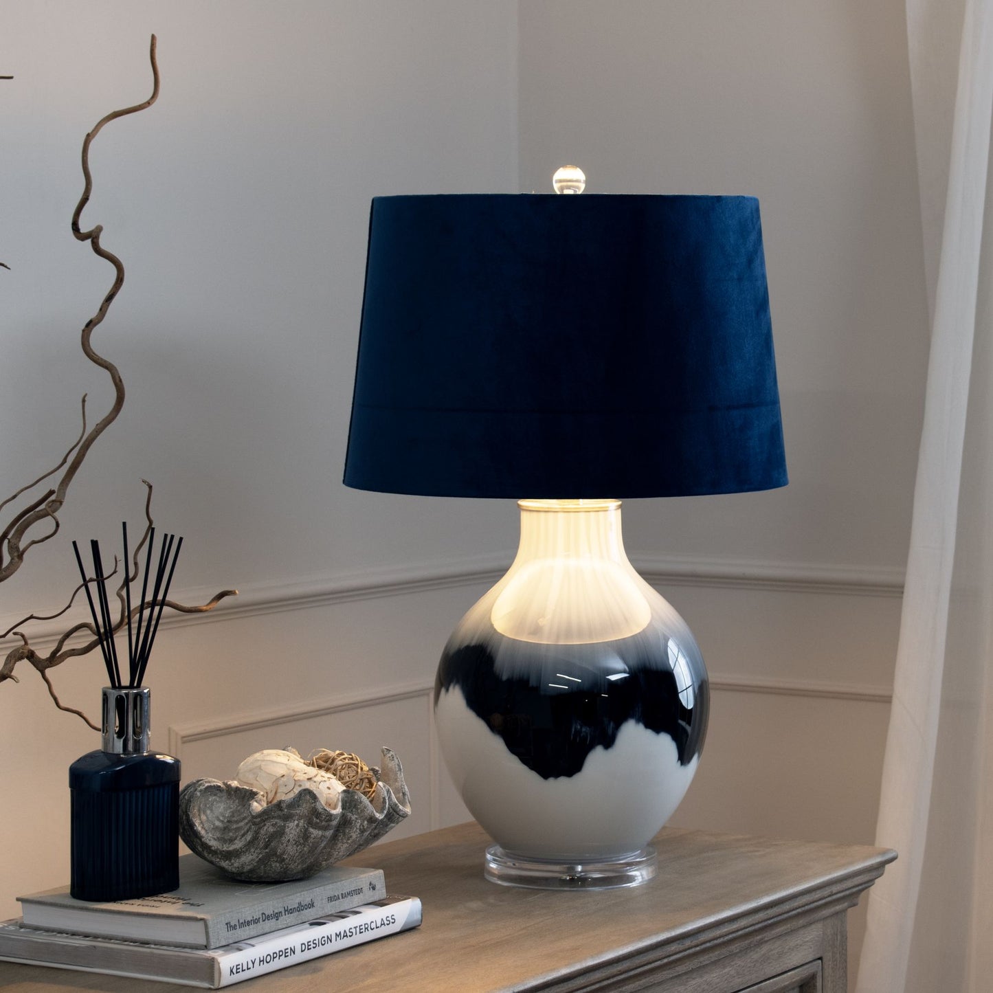Ice Shadows Table Lamp With Navy Blue Lampshade - Luxe Home Comforts