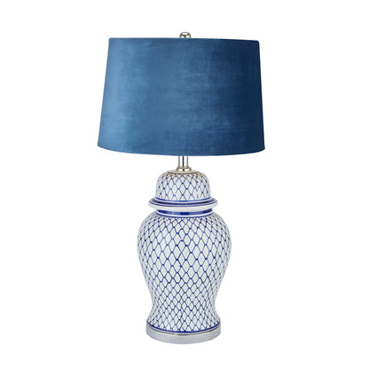 Malabar Blue And White Ceramic Lamp With Blue Velvet Shade - Luxe Home Comforts