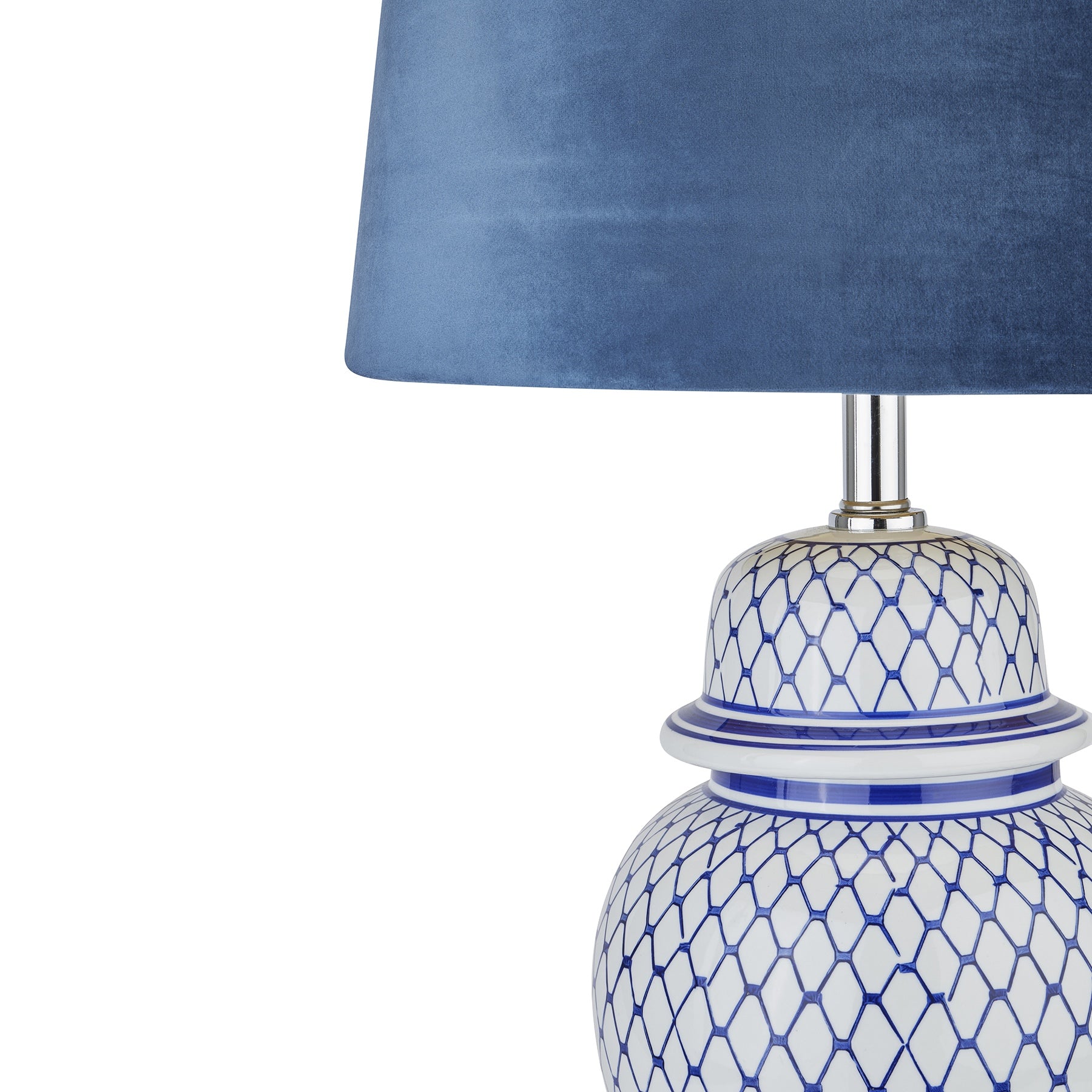 Malabar Blue And White Ceramic Lamp With Blue Velvet Shade - Luxe Home Comforts