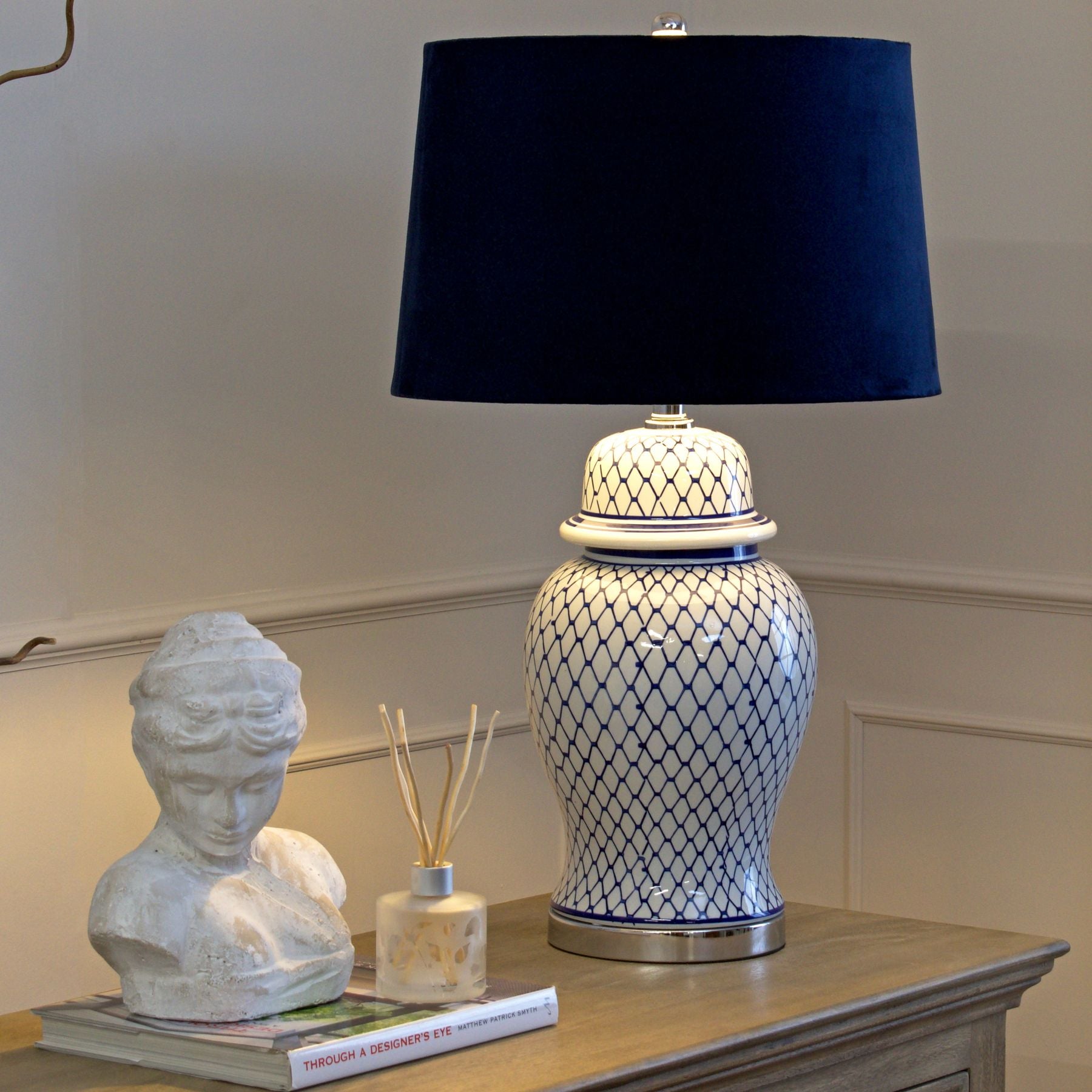 Malabar Blue And White Ceramic Lamp With Blue Velvet Shade - Luxe Home Comforts