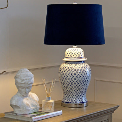 Malabar Blue And White Ceramic Lamp With Blue Velvet Shade - Luxe Home Comforts