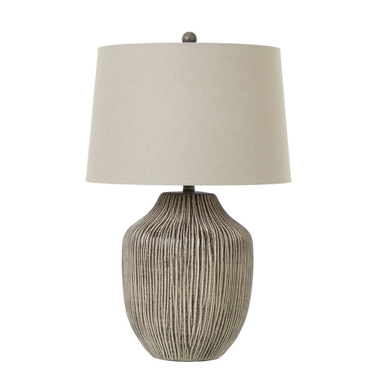 Ochre Carved Textured Table Lamp With Linen Shade - Luxe Home Comforts
