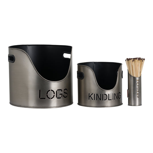 Pewter Finish Logs And Kindling Buckets & Matchstick Holder - Luxe Home Comforts