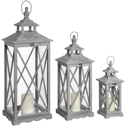 Set Of Three Wooden Lanterns With Traditional Cross Section - Luxe Home Comforts