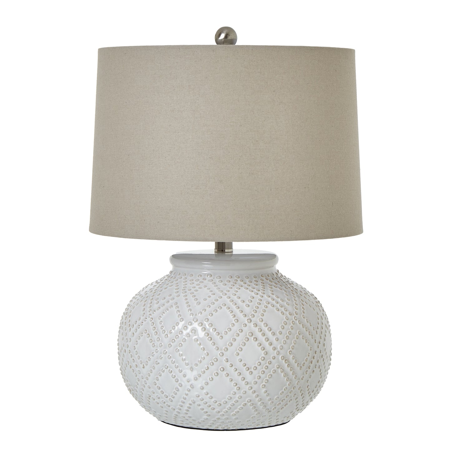 Squat White Beaded Ceramic Lamp With Linen Shade - Luxe Home Comforts