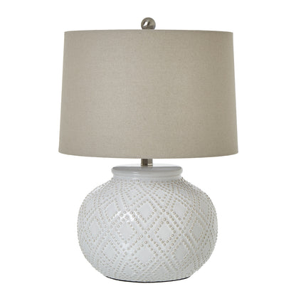 Squat White Beaded Ceramic Lamp With Linen Shade - Luxe Home Comforts