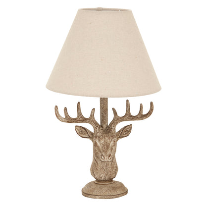Stonewashed Stag Head Table Lamp With Linen Shade - Luxe Home Comforts