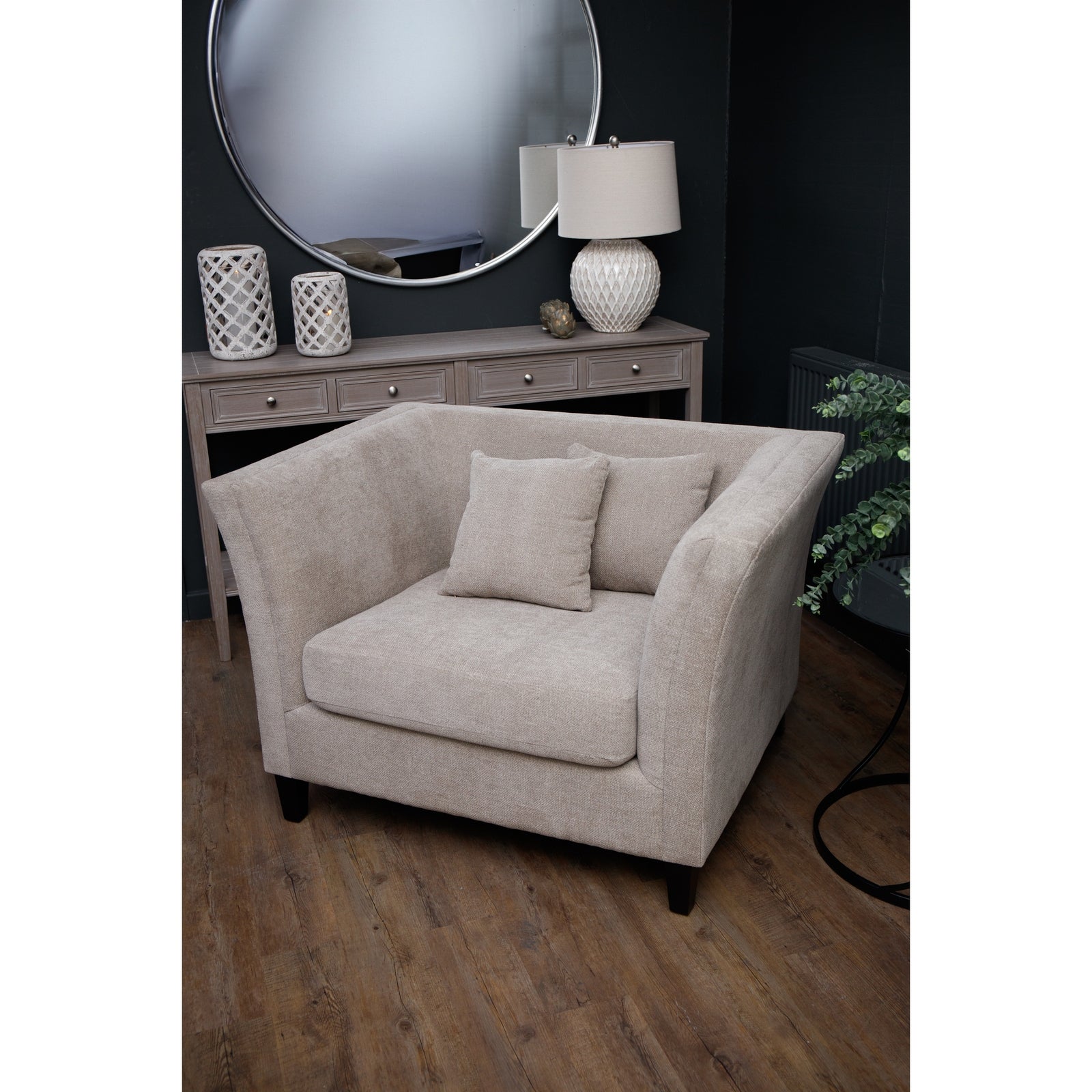 Vesper Taupe Cushion Back Snuggle Chair - Luxe Home Comforts