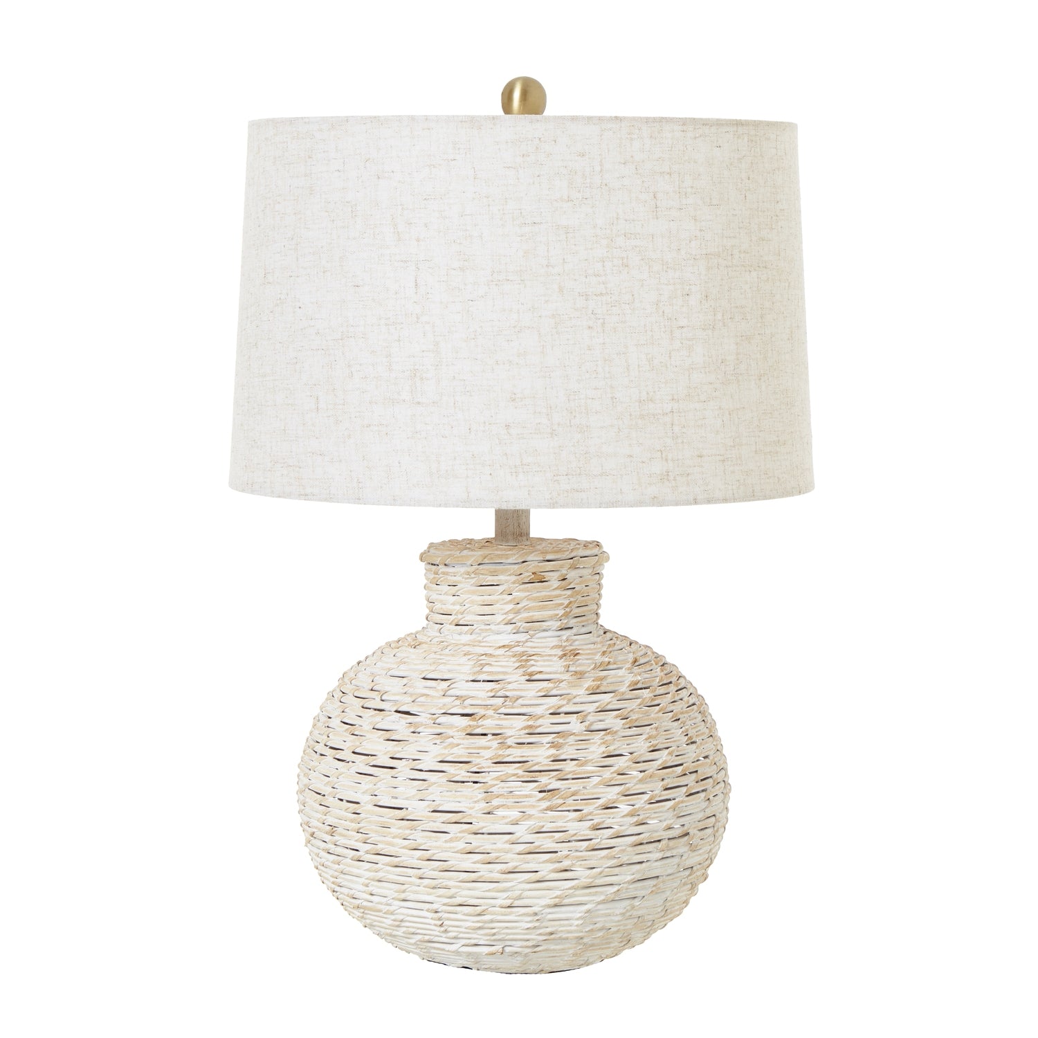 White Wash Bulbous Wicker Table Lamp With Linen Shade - Luxe Home Comforts