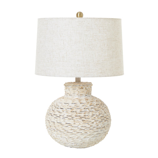 White Wash Bulbous Wicker Table Lamp With Linen Shade - Luxe Home Comforts