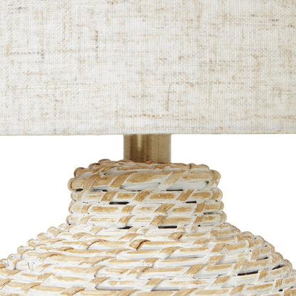 White Wash Small Bulbous Wicker Table Lamp With Linen Shade - Luxe Home Comforts