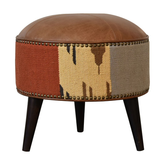 Durrie & Leather Mixed Footstool - Luxe Home Comforts