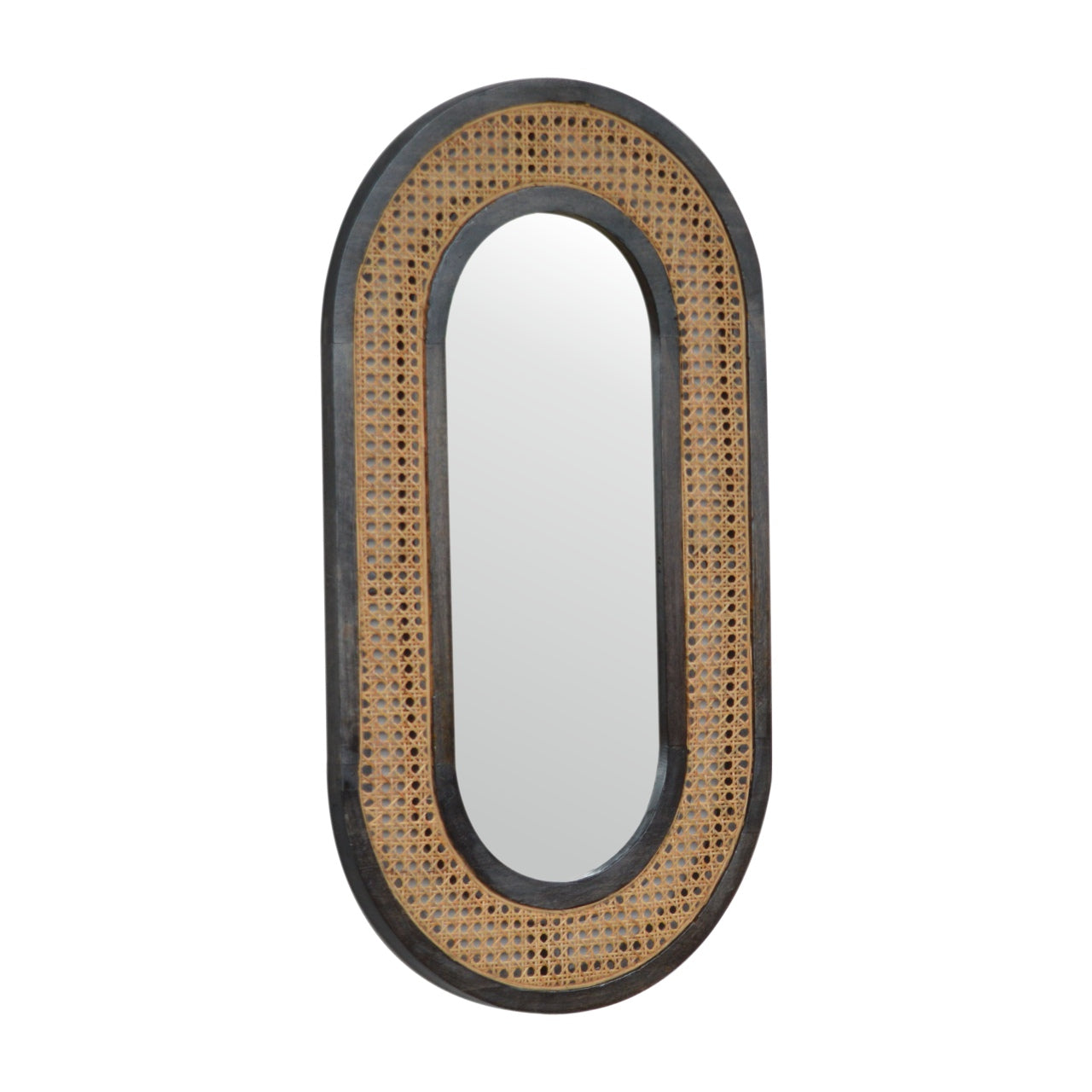 Larissa Carbon Black Mango Wood Mirror with Hand-Woven Rattan - Luxe Home Comforts