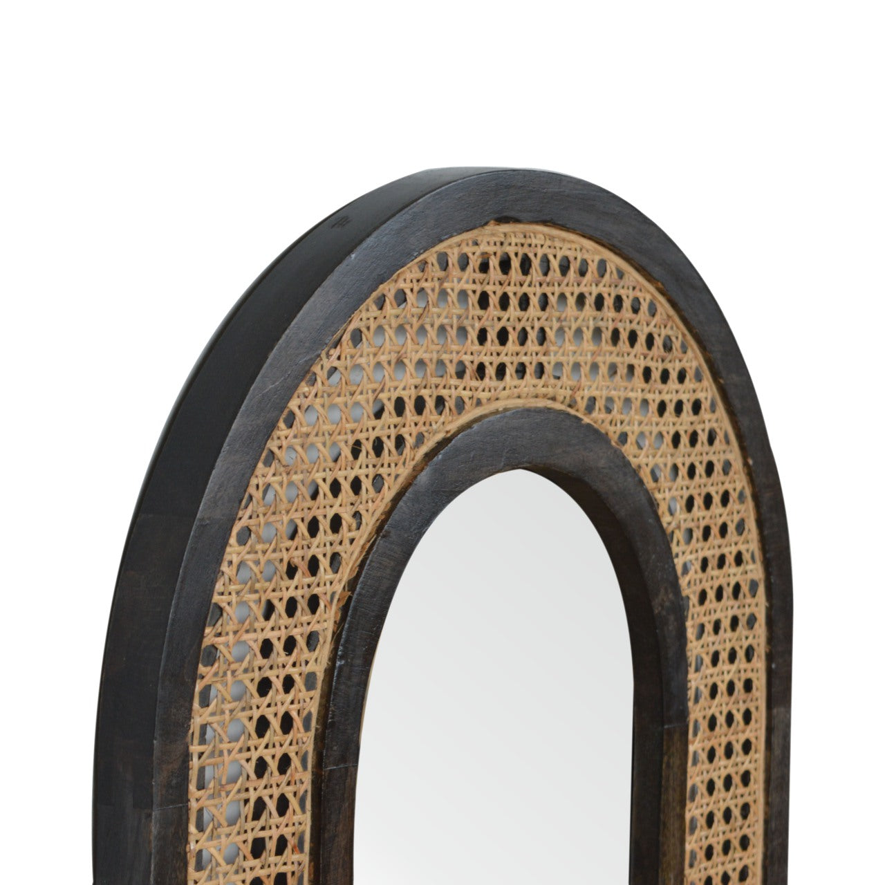 Larissa Carbon Black Mango Wood Mirror with Hand-Woven Rattan - Luxe Home Comforts