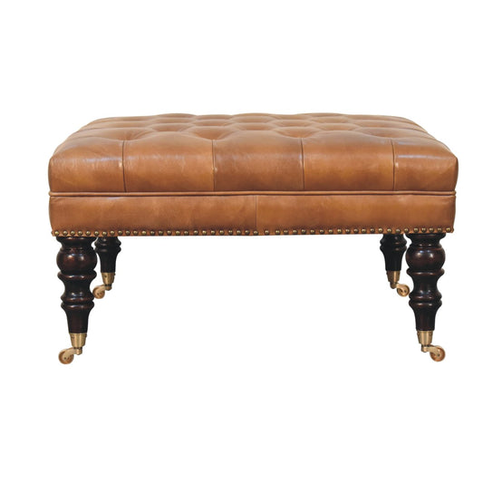 Studded Buffalo Tan Leather Ottoman with Castor Legs - Luxe Home Comforts