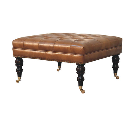 Studded Buffalo Tan Leather Ottoman with Castor Legs - Luxe Home Comforts