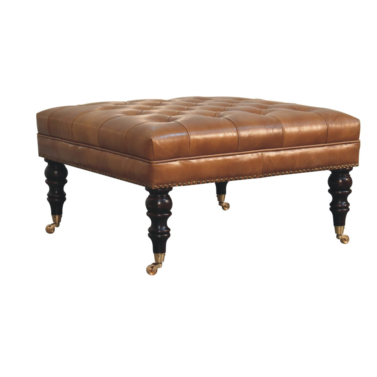 Studded Buffalo Tan Leather Ottoman with Castor Legs - Luxe Home Comforts