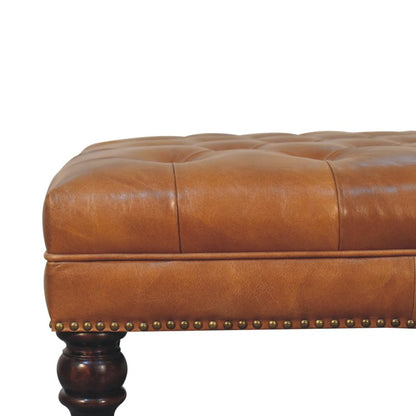 Studded Buffalo Tan Leather Ottoman with Castor Legs - Luxe Home Comforts