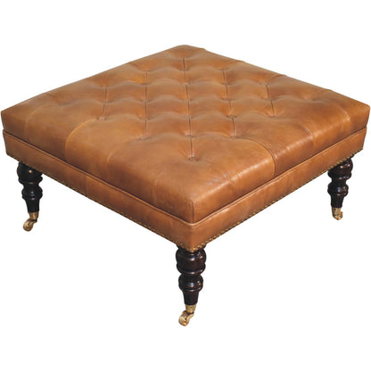 Studded Buffalo Tan Leather Ottoman with Castor Legs - Luxe Home Comforts