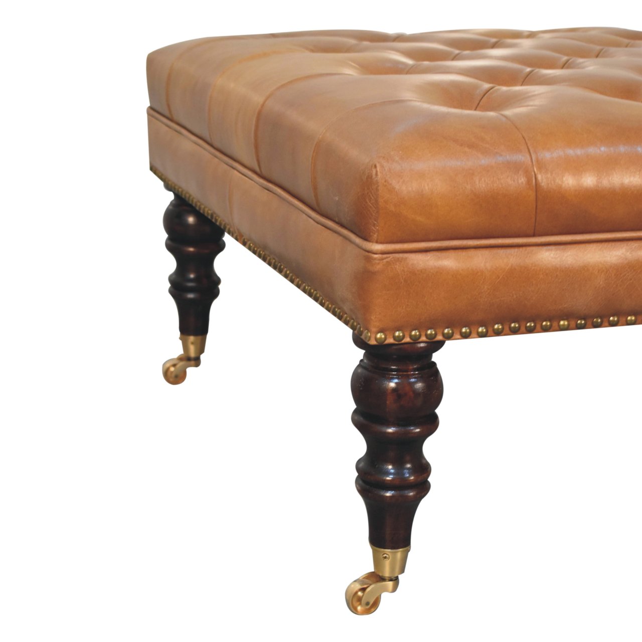 Studded Buffalo Tan Leather Ottoman with Castor Legs - Luxe Home Comforts
