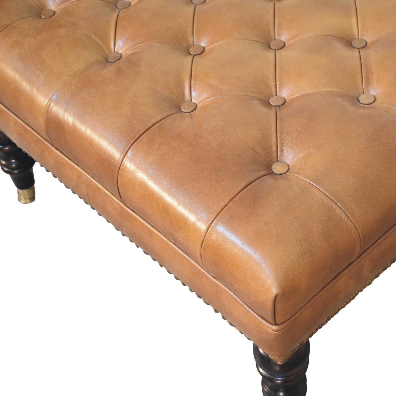 Studded Buffalo Tan Leather Ottoman with Castor Legs - Luxe Home Comforts